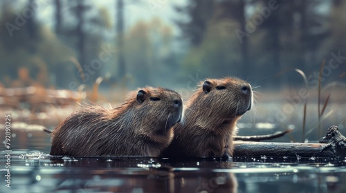 cute group of capybaras in a lake on a log during the day in high resolution and quality photo