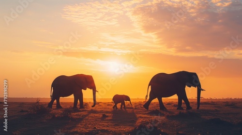 herd of elephants walking in africa sunset
