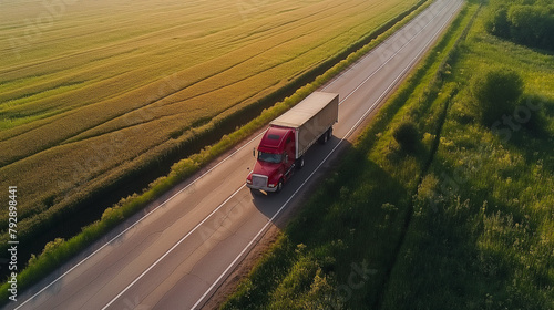 A truck travels along a winding road through golden fields at dusk