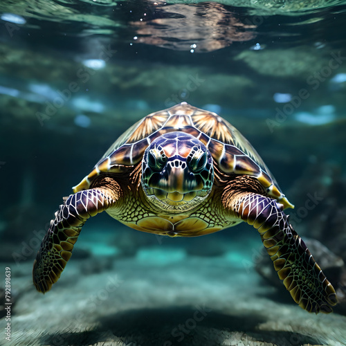 Closeup of a green sea turtle swimming underwater under the lights image (ID: 792898639)