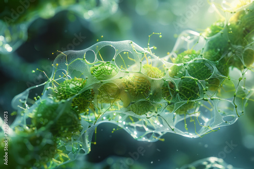A dynamic scene illustrating the detailed process of photosynthesis within plant cells, focusing on