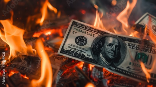 One hundred dollar bills burning on fire. photo