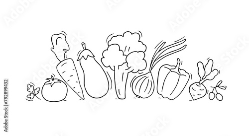 Fresh food, vegetable set, hand drawn banner. Vector doodle icons of healthy organic diet with carrot, red pepper, tomato, onion and eggplant