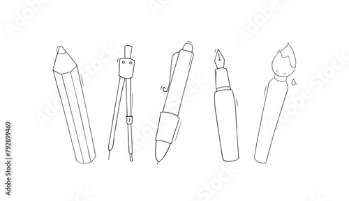 Icons of stationery for office and study in school. Pencil, pen, paints, brush and compass. Cartoon symbols of education supplies, vector hand drawn illustration