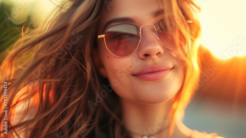 A close up portrait of an attractive smiling young woman with long brown hair, wearing sunglasses. Sunset.