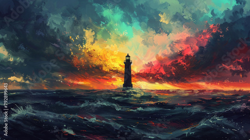 The silhouette of a lighthouse against a storm laden sunset the sky ablaze with color a stark contrast to the tumultuous sea