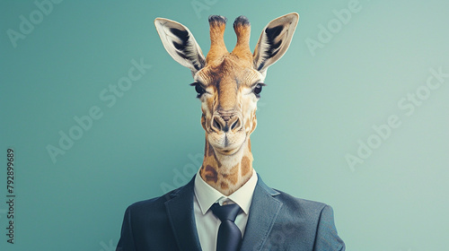 Anthromophic friendly Giraffe wearing suite formal business studio shot 
