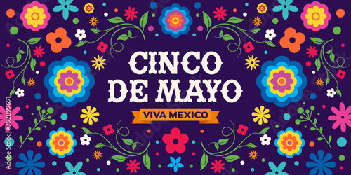 Cinco de Mayo, May 5, federal holiday in Mexico, Fiesta, logo, template for background, banner, flyer, decorations, card, poster, flags, floral, decorative folk art elements, festive vector design