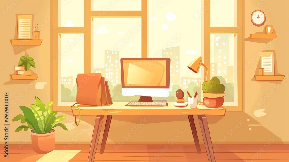 Fototapeta premium Creative home office setup with minimalist decor and plenty of natural light, ideal for remote work