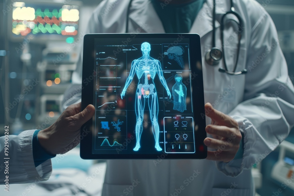 Futuristic digital medical display on tablet showing detailed human ...