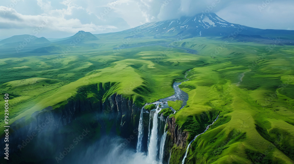 Beautiful waterfall in Kamchatka peninsula Russia.  - obrazy, fototapety, plakaty 
