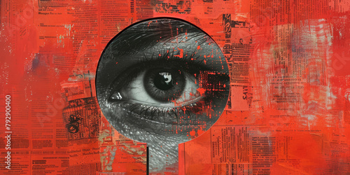 Abstract Surveillance Concept with Eye and Newspaper Collage in Red