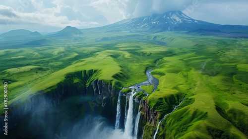 Beautiful waterfall in Kamchatka peninsula Russia.  photo