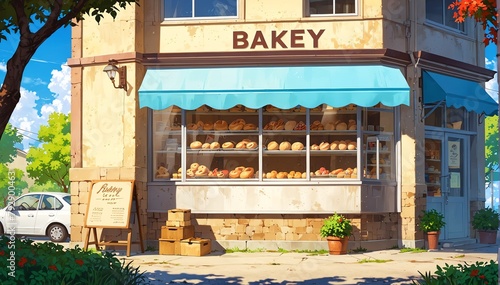 bakery store at spring in landscape anime cartoon illustration from Generative AI