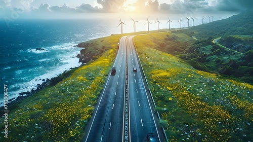 Tranquil Coastal Landscape: Aerial Perspective of Wind Farm