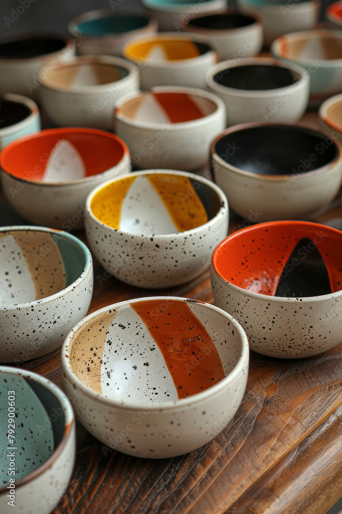 A photograph showing a set of ceramic dishes, each with a unique geometric color block design that t A photograph showing a set of ceramic dishes, each with a unique geometric color block design that t