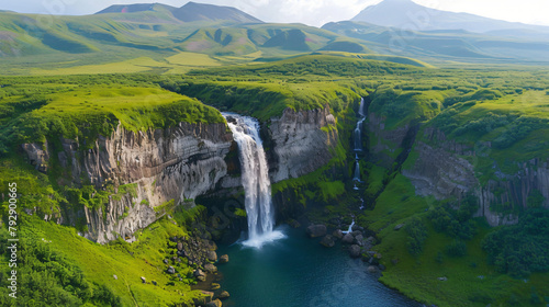 Beautiful waterfall in Kamchatka peninsula Russia.  photo