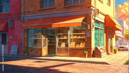 bakery store at sunset in landscape anime cartoon illustration from Generative AI