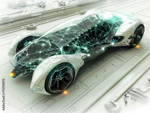 Illustrate a concept car design featuring self-healing nanomaterials derived from fullerenes photo