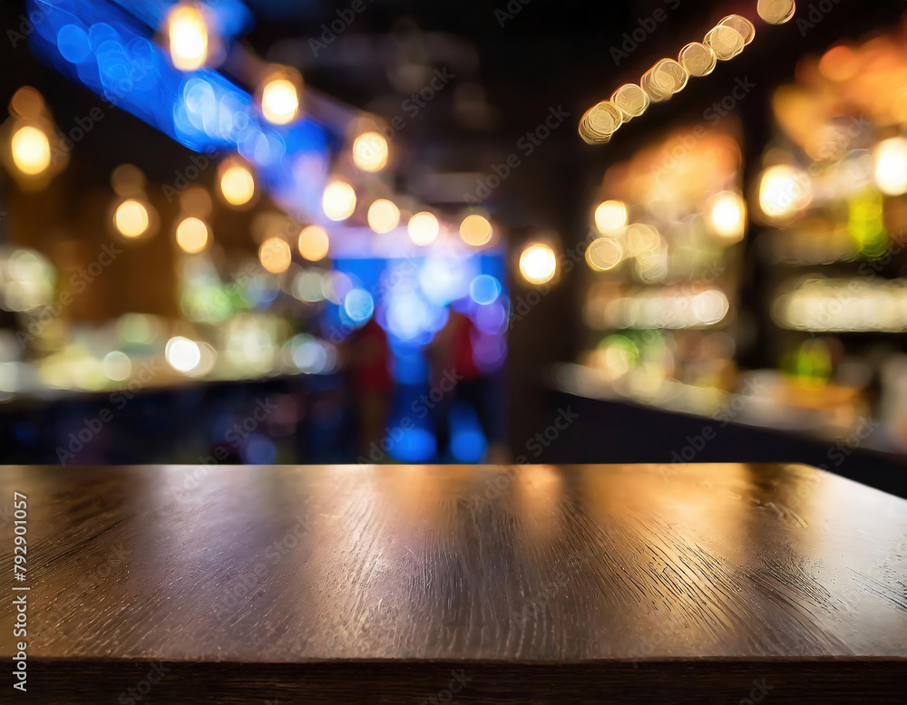 Empty wood table and abstract blurred background of bar or pub with bokeh image.