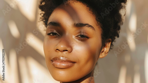 Warmly lit portrait of a woman with freckles and a natural look in sunlight