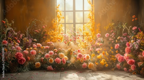 The wedding background and room for studio photos are filled with beautiful flower decorations