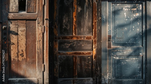 Three doors, one of which is blue, are shown in a photo
