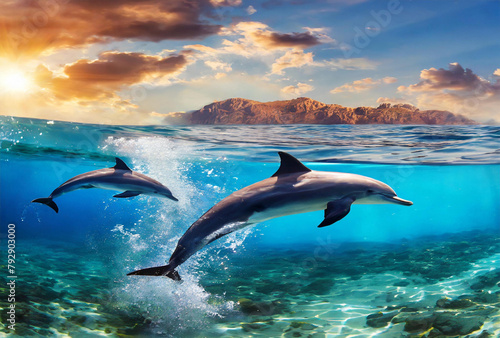 Two dolphins happily swimming in the ocean © Wallpaper