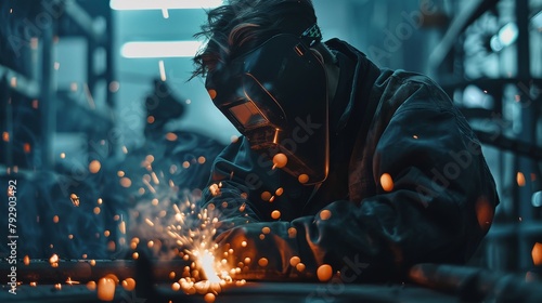 Path of an industrial welding worker in a mask and coat working with sparks at a factory, in the style of a realistic photo shoot, with high resolution photography photo