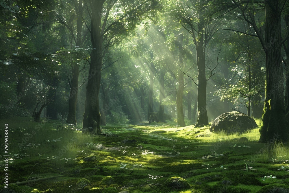 Obraz premium A quiet forest with sunlight streaming through the trees.