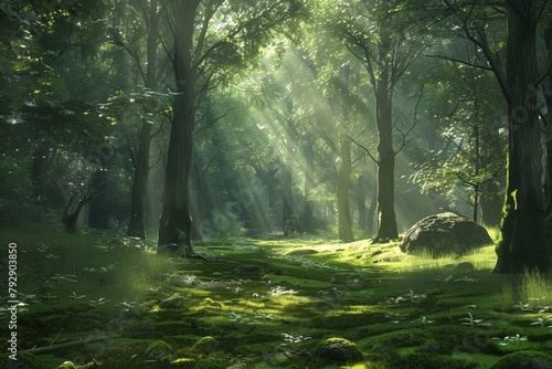 A quiet forest with sunlight streaming through the trees.
