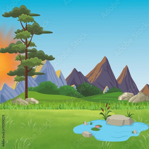 Illustration of Hills and a Pond