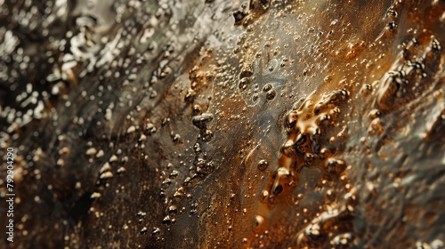 A close-up of molten bronze exploding outwards capturing the frozen motion of tiny droplets and a rough textured surface