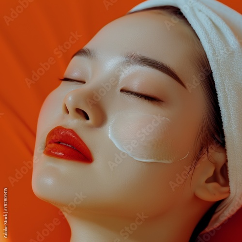 A beautiful Asian woman with her eyes closed with red lipstick and face mask on the red background.