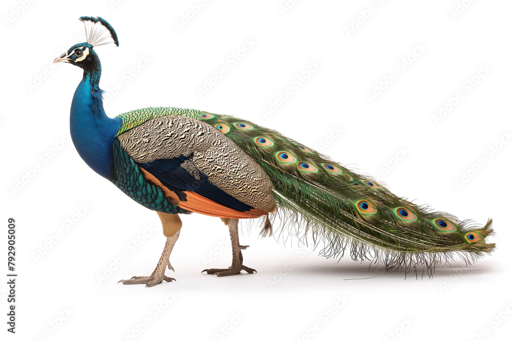 Obraz premium regal peacock with vibrant feathers on white background.