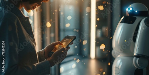 Photo of a person using a chatbot for help on a smartphone and an icon of a robot, depicting a futuristic technology concept.