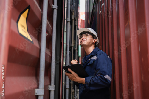 A man wearing a hard hat and safety glasses is pointing at a tablet. He is wearing a blue jacket and he is a worker