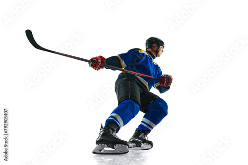 Photography Hockey player undergoes rigorous training, his uniform symbol of dedication as he perfect his techniques against white studio background