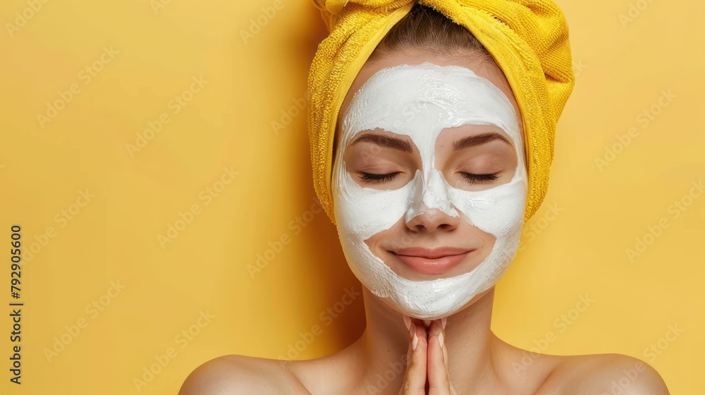 A serene woman with a golden headwrap and a clay facial mask closed her eyes enjoying a skincare ritual A serene woman with a golden headwrap and a clay facial mask closed her eyes enjoying a skincare ritual