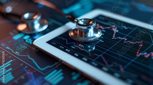 Stethoscope and medical documents on a digital tablet with a stock market graph, depicting a business concept for the healthcare industry photo
