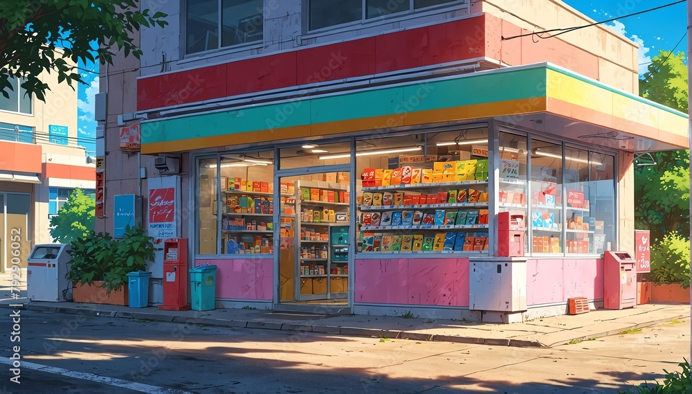 convenience store in landscape anime cartoon illustration from Generative AI
