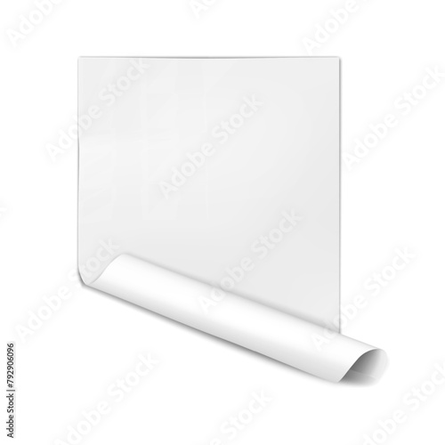 Blank white paper sheet with curled corner mock-up. Realistic folded paper page vector mockup. Sticky label turn template for design © JAYANNPO