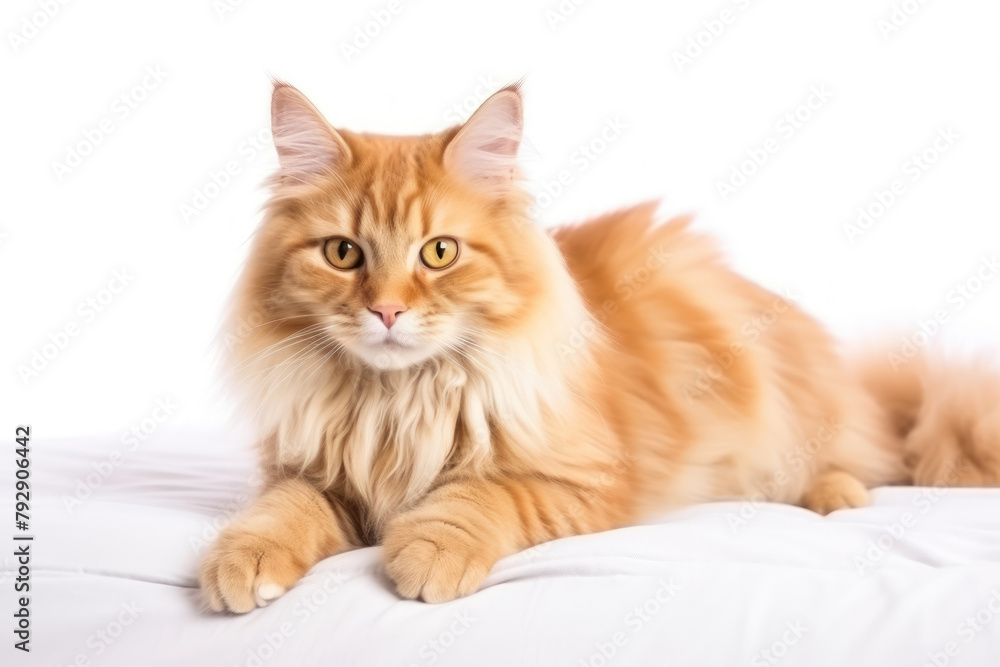 majestic Maine Coon cat with luxurious fur resting on soft white surface majestic Maine Coon cat with luxurious fur resting on soft white surface