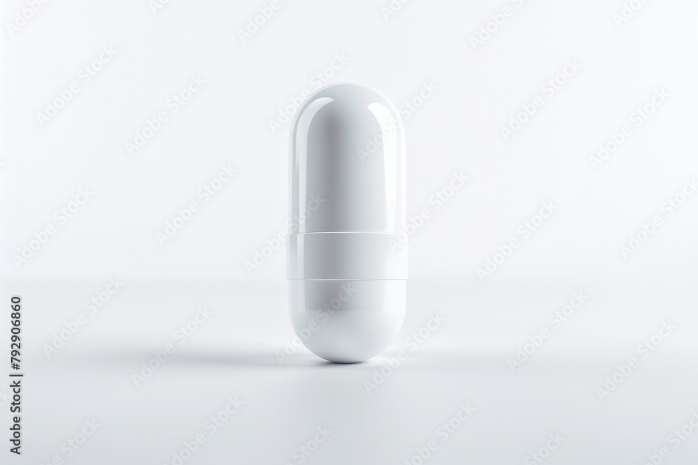 A single white pill with a glossy finish, centered on a white background. A single white pill with a glossy finish, centered on a white background.