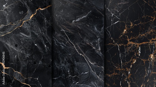 Four distinct marble varieties showcasing unique textures and patterns. Diverse and luxurious stone collection photo