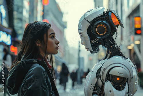 woman talking to a robot in a big city. concept of interaction between people and robots in the real world
