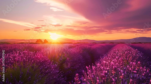 Blooming lavender fields at sunset in Valensole Proven