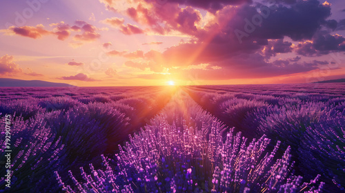 Blooming lavender fields at sunset in Valensole Proven photo