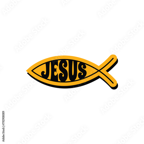 christian retro sticker. Vector illustration of a ribka and the inscription Jesus in it
