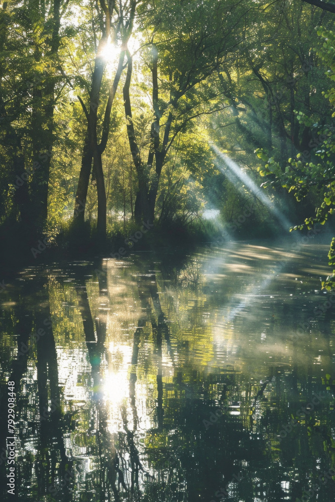 Fototapeta premium A tranquil landscape photograph depicting a peaceful scene of nature, with soft sunlight filtering through the trees and reflecting off a calm body of water. 